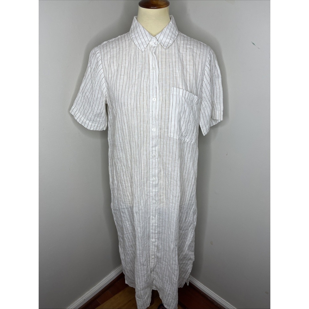 Eileen Fisher Short Sleeve Linen Collared Midi Dress White Beige‎ Stripe XS